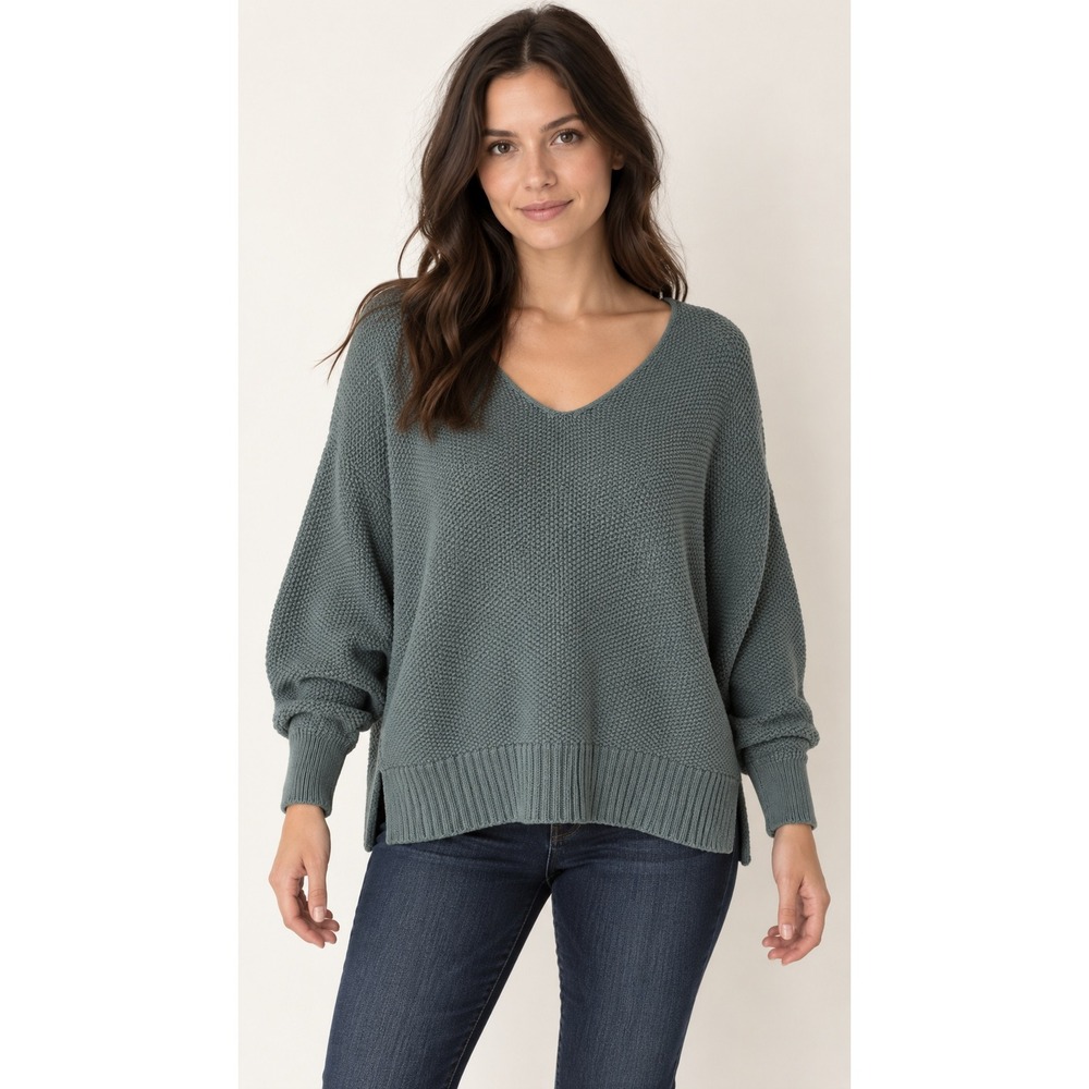 Lucky Brand Sweater Size Large Green V-Neck Textured Knit Oversized Pullover